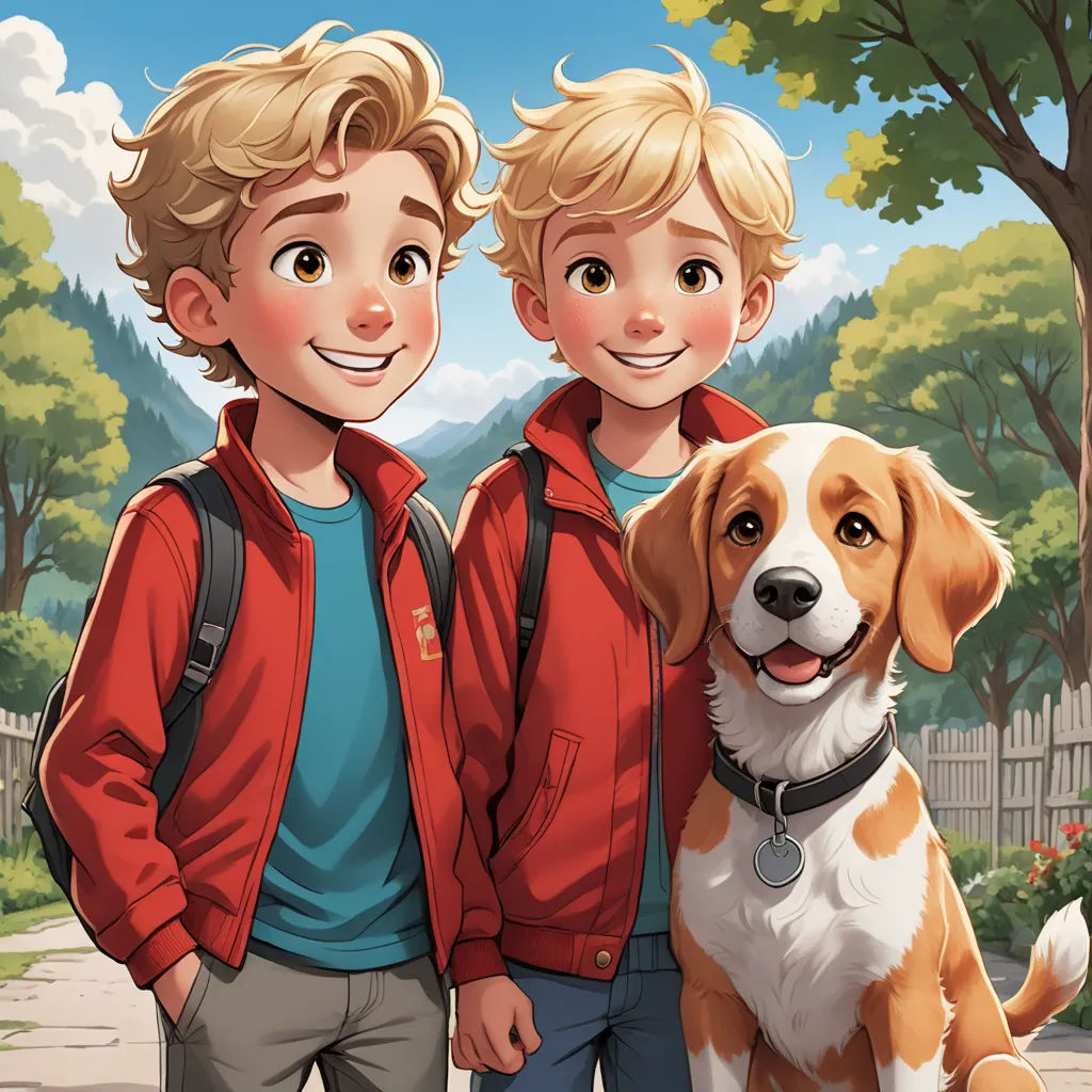 a boy and a boy with a dog in front of a fence and trees with flowers on it, and a fence behind them, furry art, a storybook illustration, Brothers Hildebrandt, official art