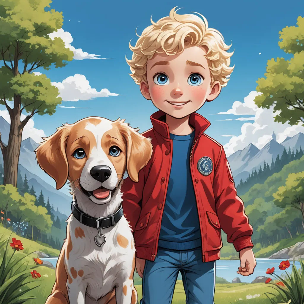a boy and his dog are standing in the grass near a lake and trees, with mountains in the background, furry art, a storybook illustration, David Brewster, comic cover art