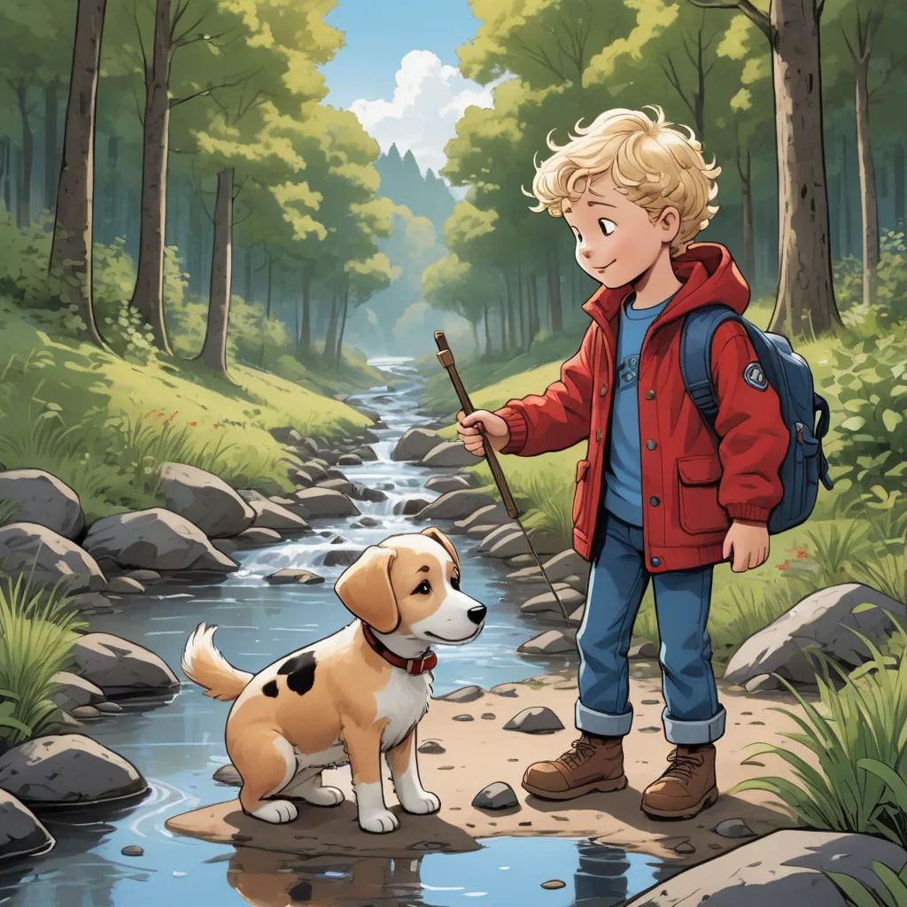 a boy with a stick and a dog in a forest by a stream of water and rocks, with a dog looking on, environmental art, a storybook illustration, Cliff Childs, official art