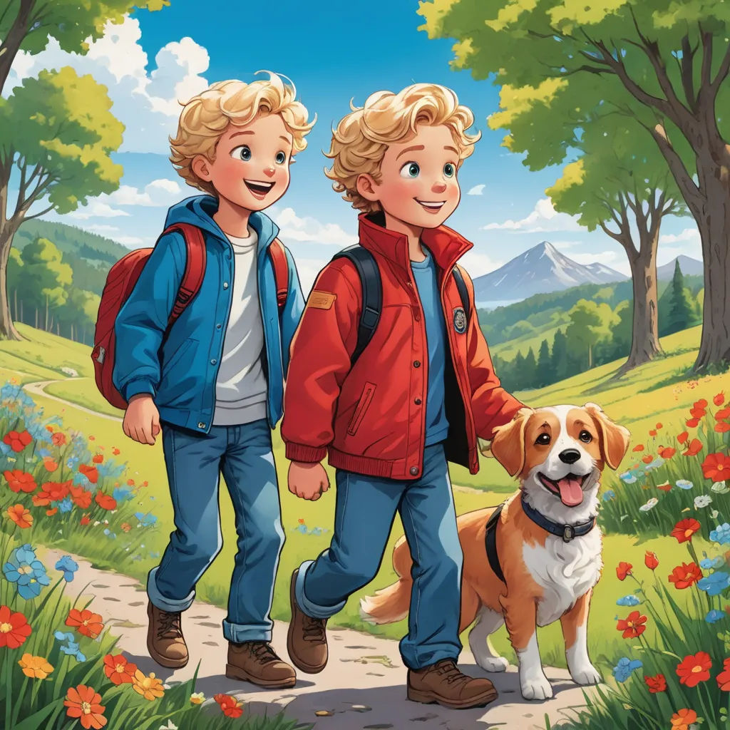 a boy and a boy walking a dog in a field of flowers and trees with a mountain in the background, sots art, a storybook illustration, Brothers Hildebrandt, official art