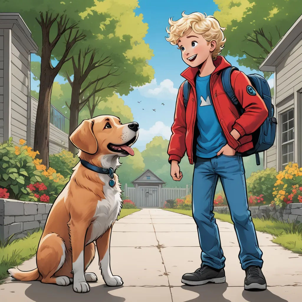 a boy and his dog are standing on a sidewalk in front of a house and trees and bushes, with a house in the background, american scene painting, a comic book panel, Cliff Childs, comic cover art