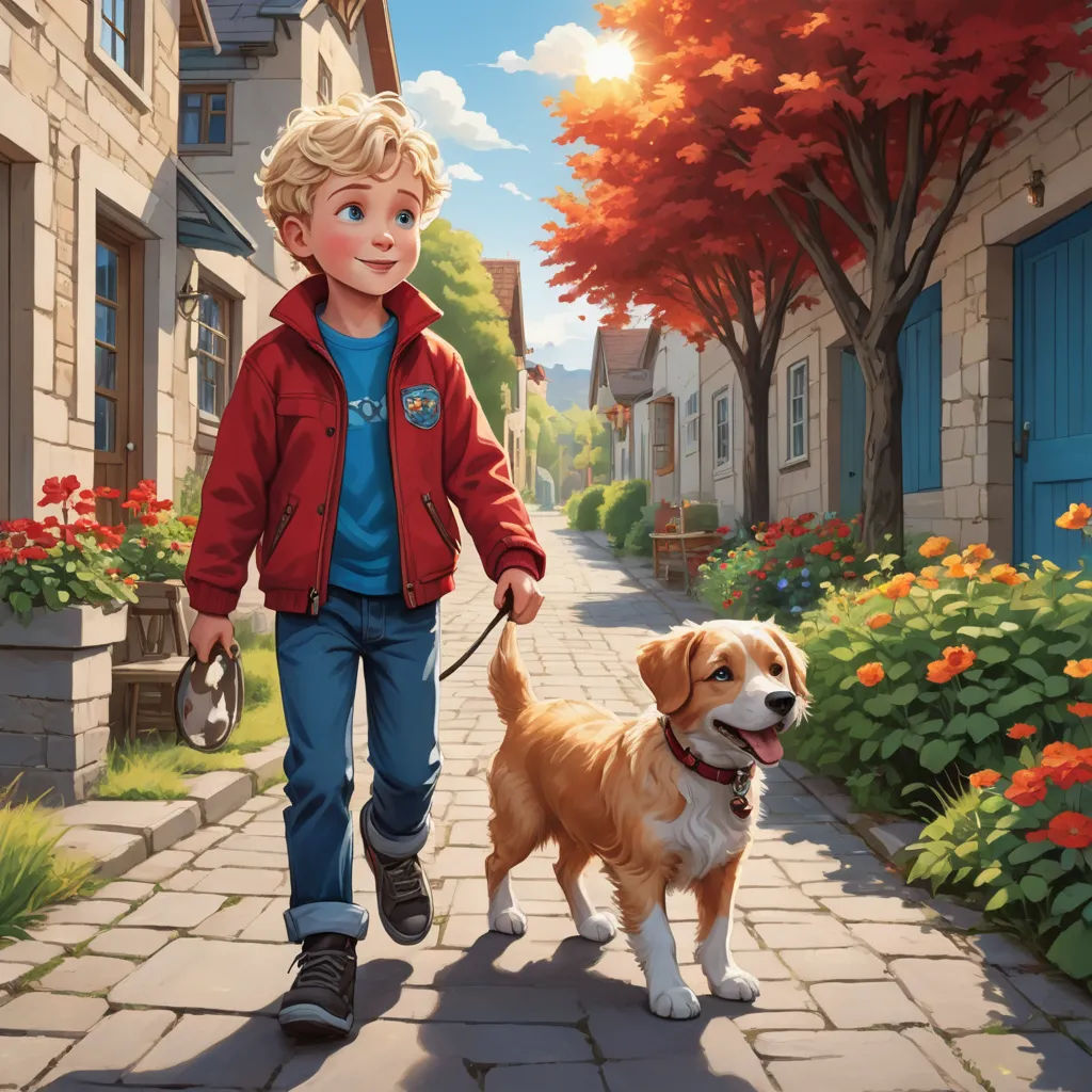 a boy walking a dog down a sidewalk in front of a house with a red jacket on and a red jacket on, american scene painting, a storybook illustration, Chris LaBrooy, official art
