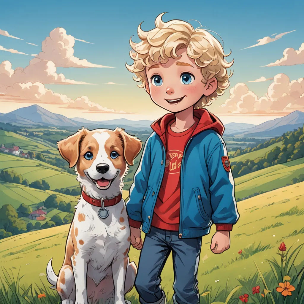 a boy and his dog are standing in a field with a beautiful landscape in the background and a sky with clouds, lyco art, a storybook illustration, Cliff Childs, comic cover art
