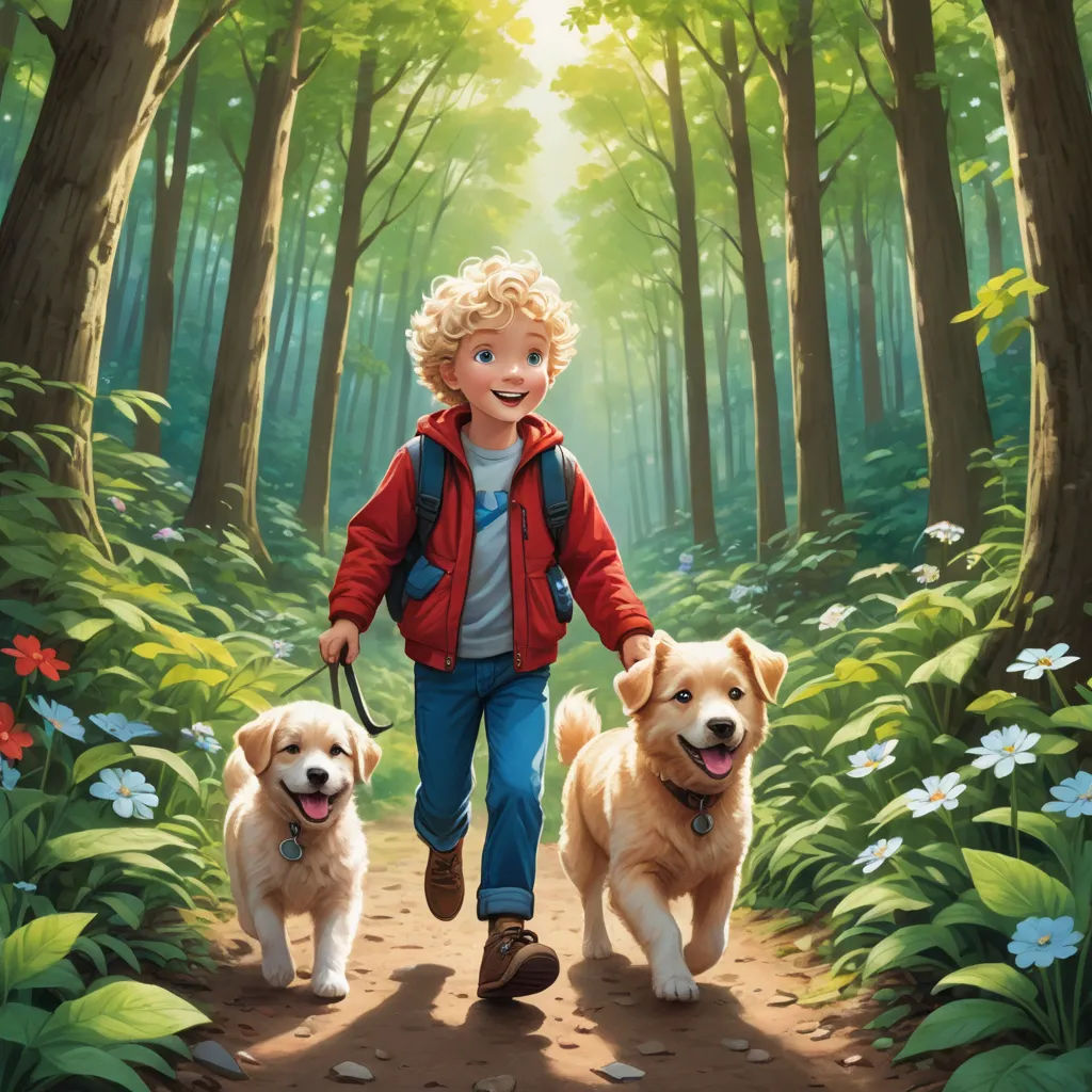 a boy walking two dogs through a forest with flowers on the ground and trees in the background, with sunlight shining through the trees, furry art, a storybook illustration, Bob Byerley, key art