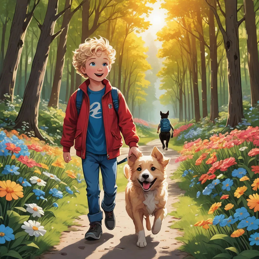 a boy walking a dog down a path in a forest with flowers and trees on both sides of him, furry art, a storybook illustration, Aaron Jasinski, official art