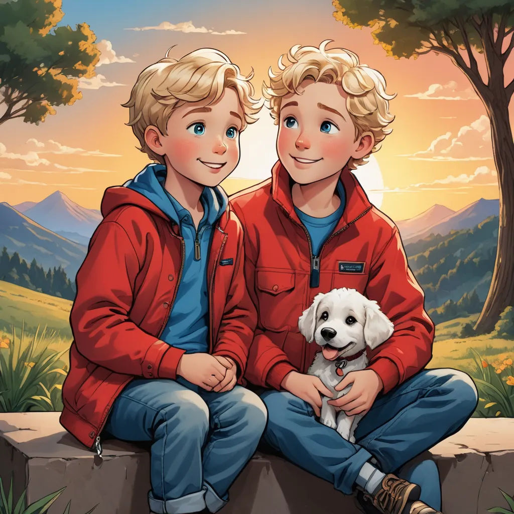 two boys sitting on a rock with a dog in front of them and a sunset behind them, with mountains and trees in the background, serial art, a storybook illustration, Brothers Hildebrandt, storybook illustration