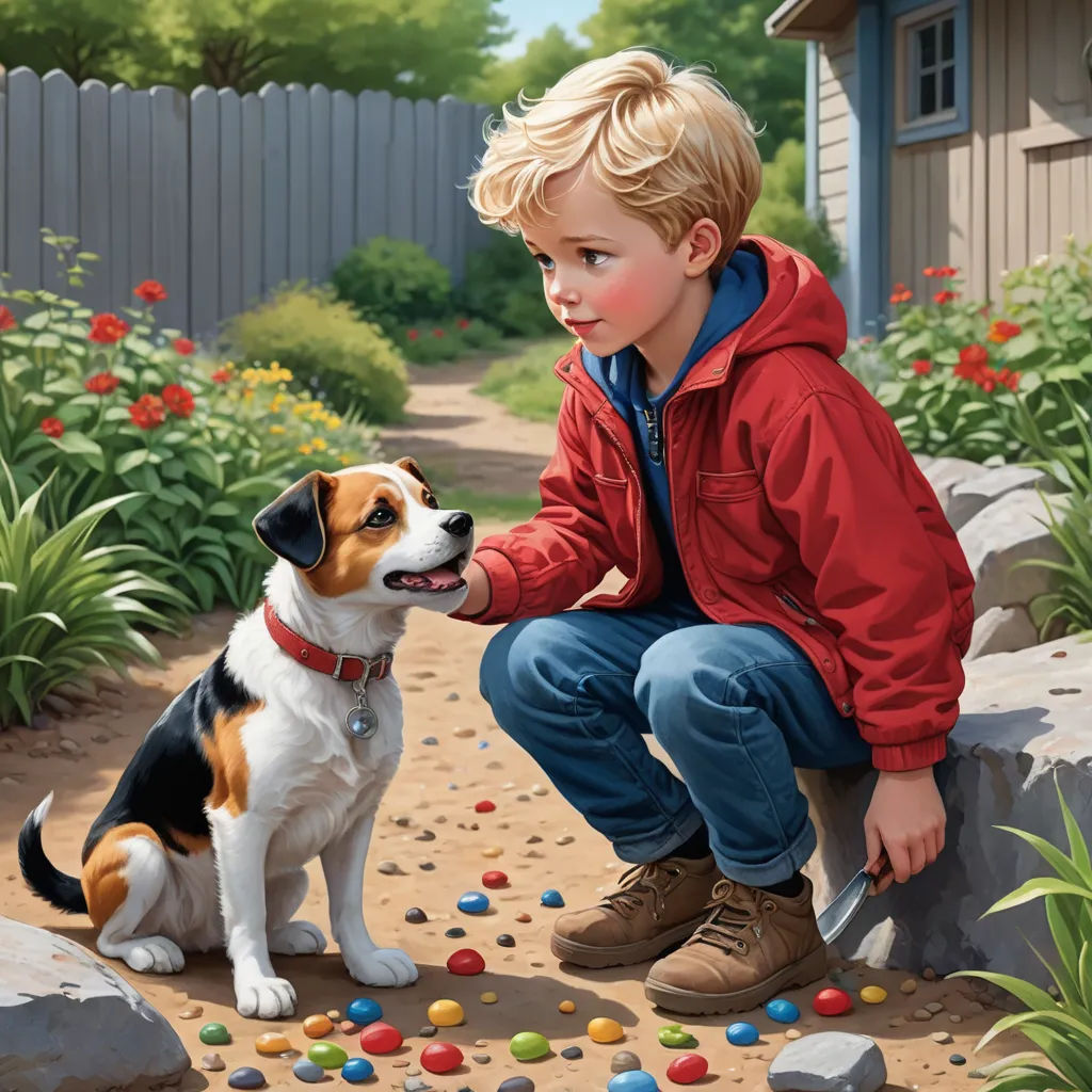 a boy and his dog are playing with balls in the yard of their home, while a dog looks on, american scene painting, a storybook illustration, Bob Byerley, official art