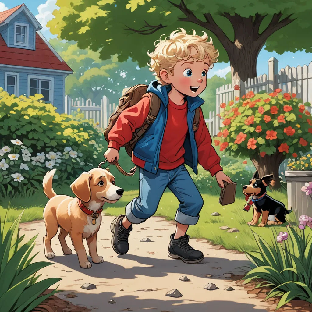 a boy walking with two dogs in a park near a house and a tree with flowers on it and a fence, american scene painting, a storybook illustration, Aaron Jasinski, storybook illustration
