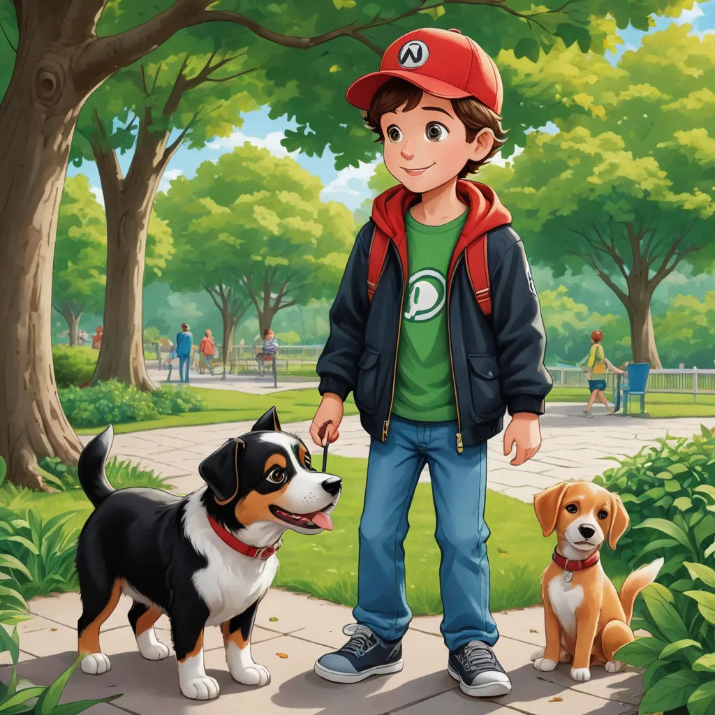 a boy and two dogs are standing in the park together, one is holding the leash of another dog, sots art, a storybook illustration, Chris LaBrooy, official art
