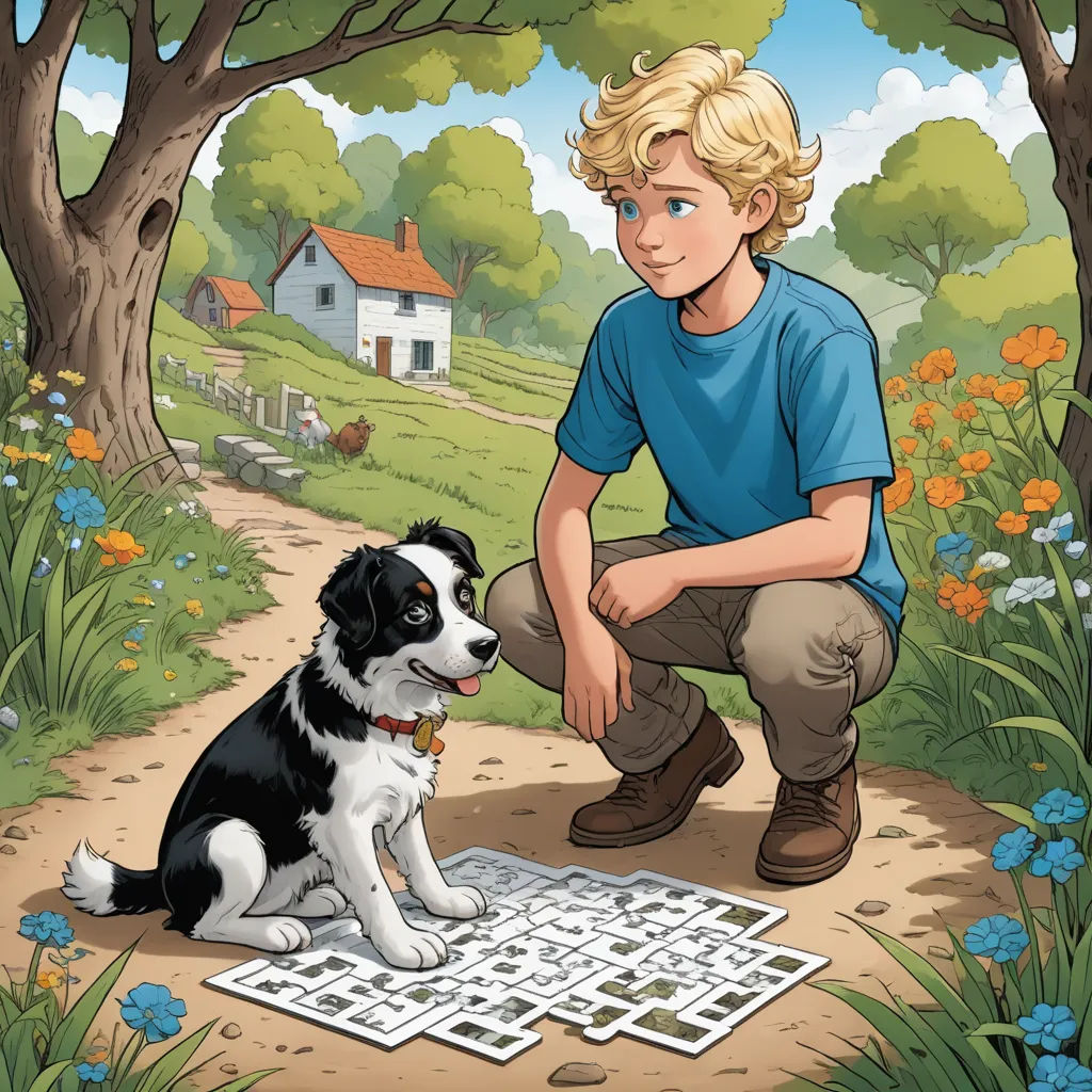 a boy kneeling down next to a dog on a path in a field with a puzzle board in front of him, process art, a storybook illustration, David Brewster, comic cover art