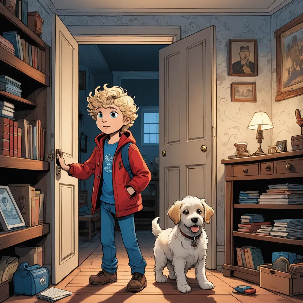 a boy standing in a room with a dog next to him and a bookcase full of books behind him, process art, a storybook illustration, Cliff Childs, storybook illustration