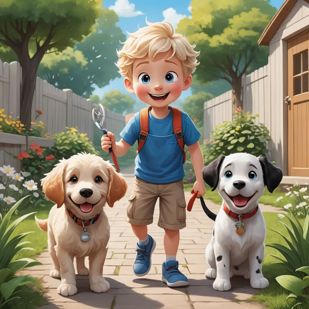 a boy and two dogs are standing in the yard with a garden in the background and a house in the background, american scene painting, a storybook illustration, Charles Schulz, key art