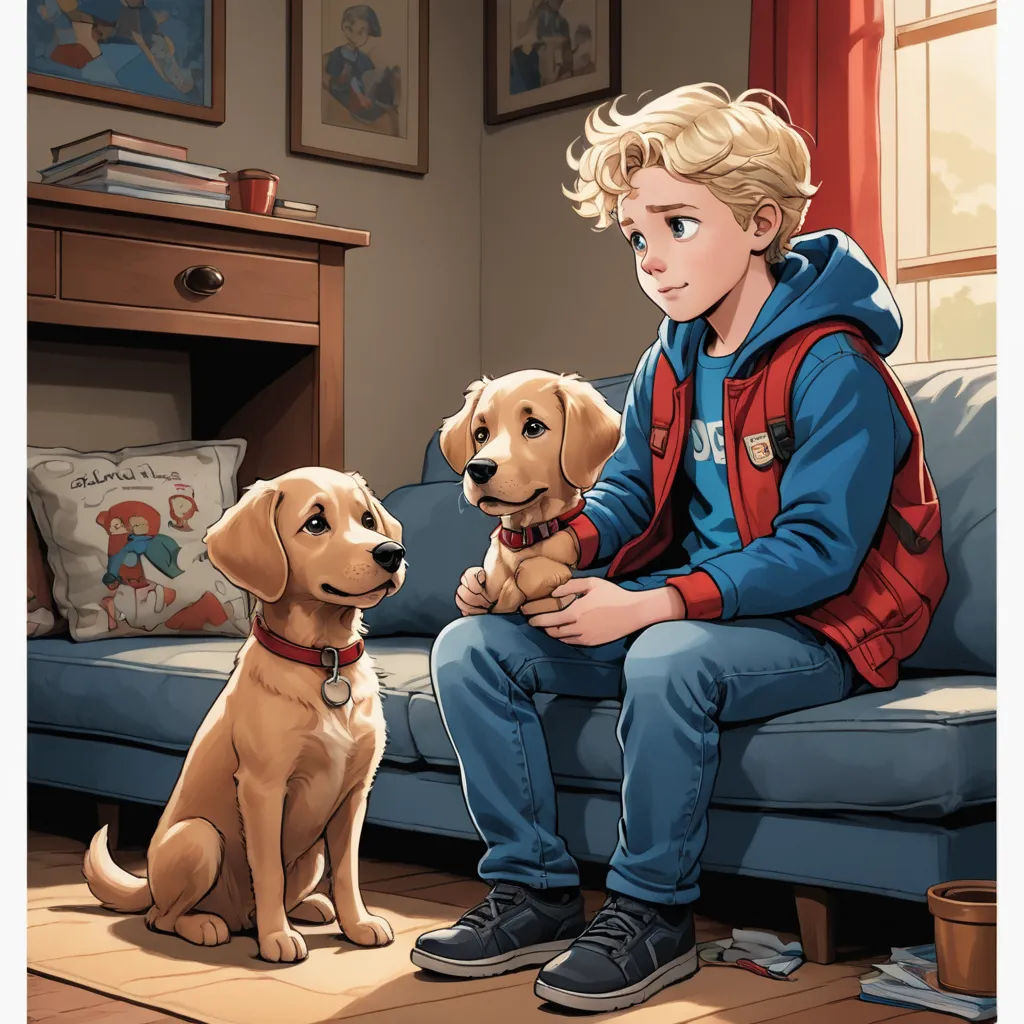 a boy sitting on a couch with a dog in front of him and a cat sitting on the floor, furry art, a comic book panel, Aaron Jasinski, comic book