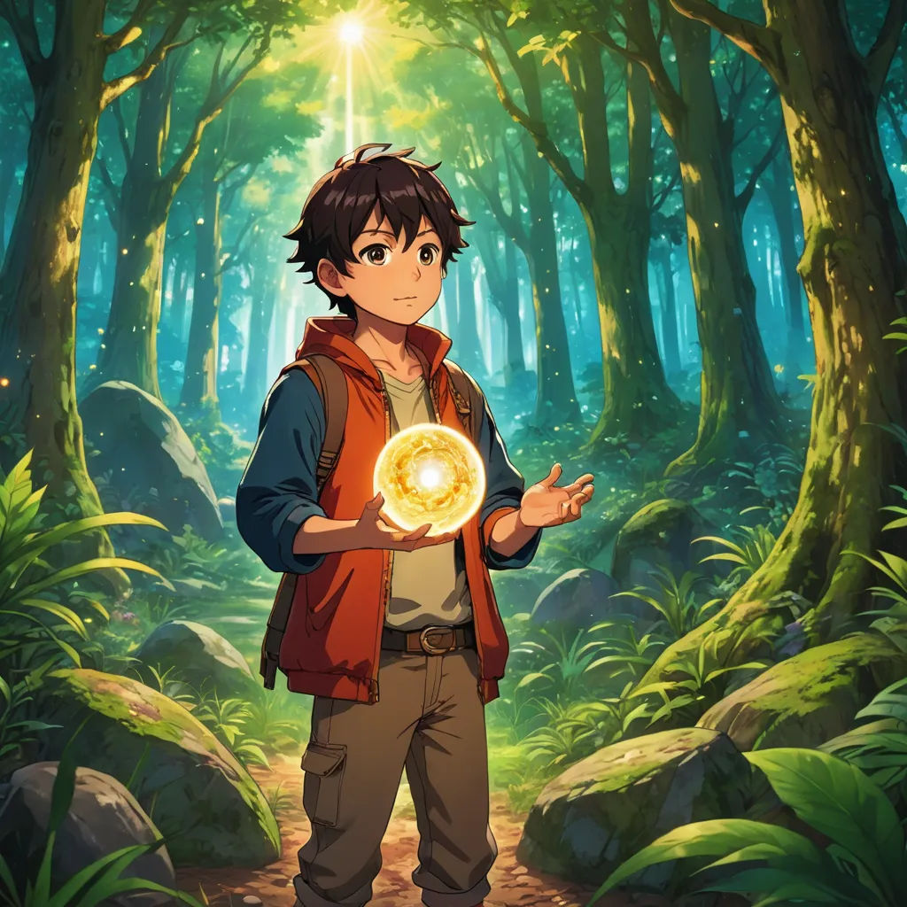 a boy holding a glowing orb in a forest with trees and rocks in the background, with a light shining on his chest, rayonism, concept art, Cedric Seaut (Keos Masons), official art