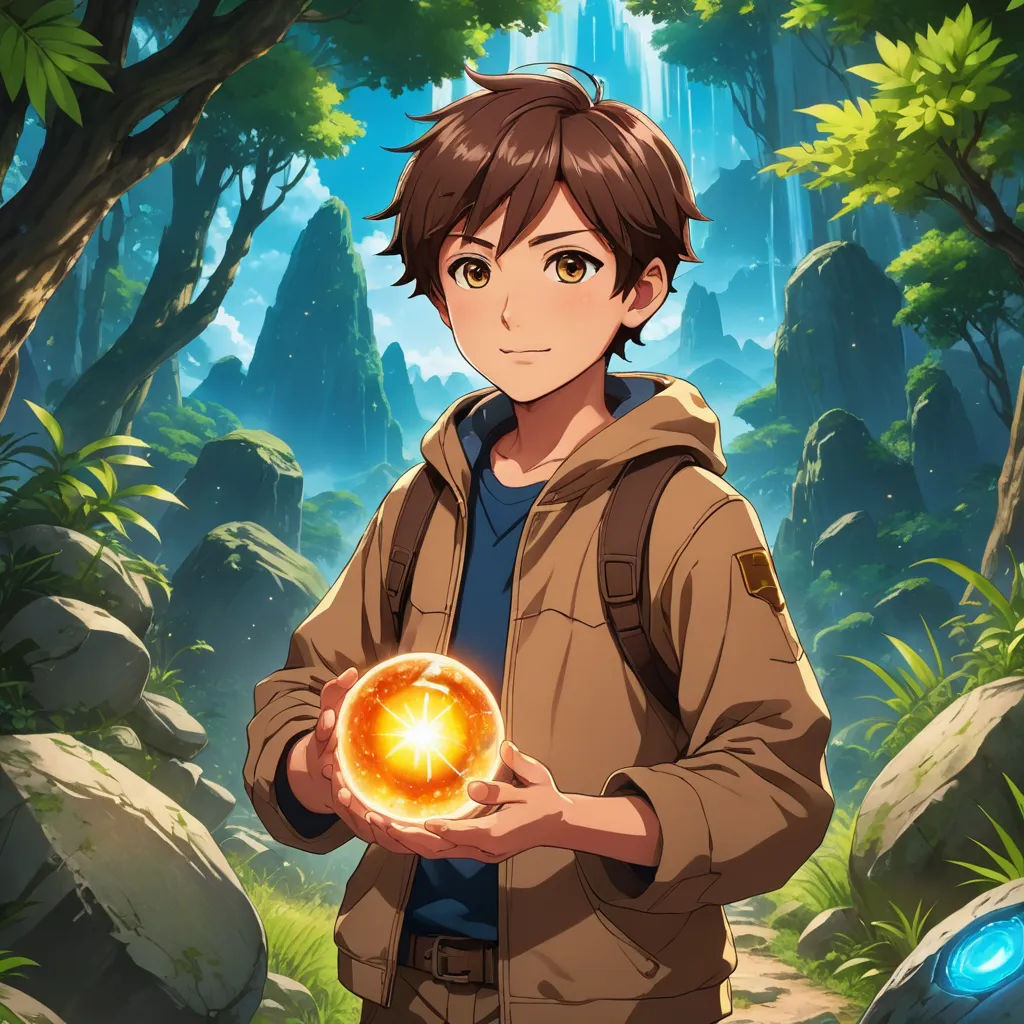 a boy holding a glowing orb in a forest with rocks and trees in the background, with a blue light shining through the lens, sots art, concept art, Adam Manyoki, official art