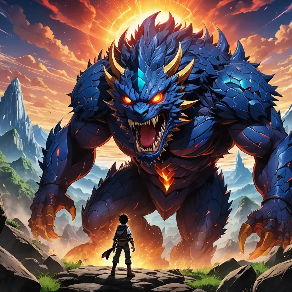 a monster with a huge head and a huge body of water in front of a sunset sky with a person standing in front of it, sots art, concept art, Adam Rex, key art