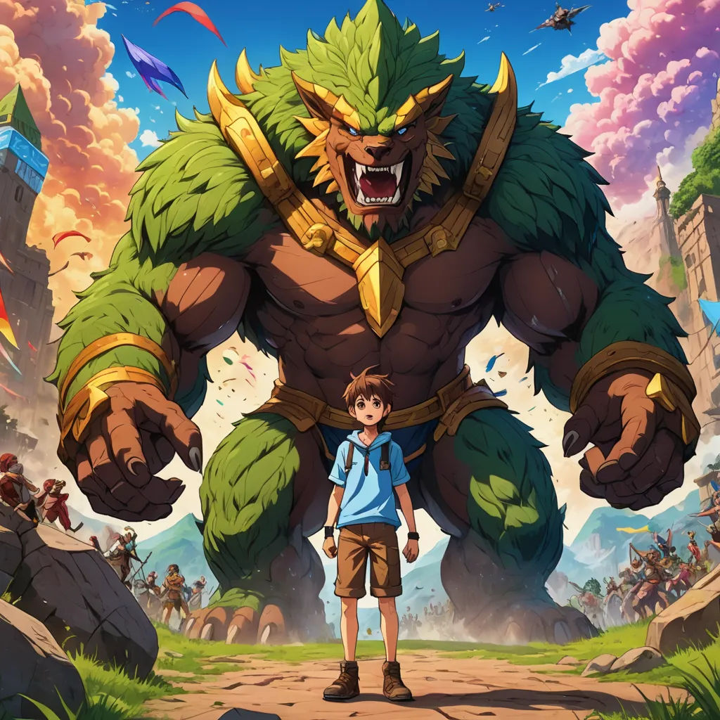 a young boy standing in front of a giant monster in a cartoon style scene with a man in front of him, fantasy art, poster art, Cedric Seaut (Keos Masons), key art