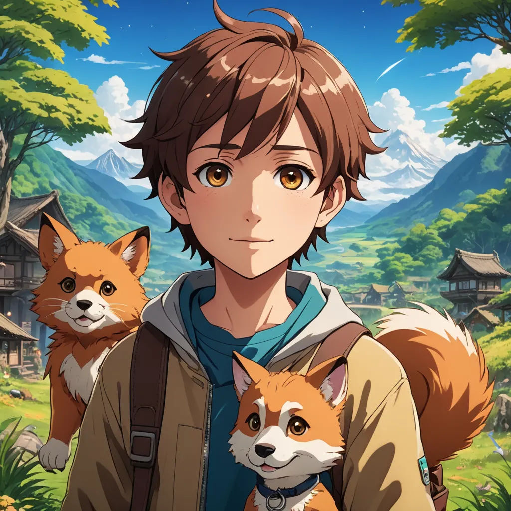 a man holding a fox and a cat in front of a forest with mountains and trees in the background, sots art, a character portrait, Ai-Mitsu, official art