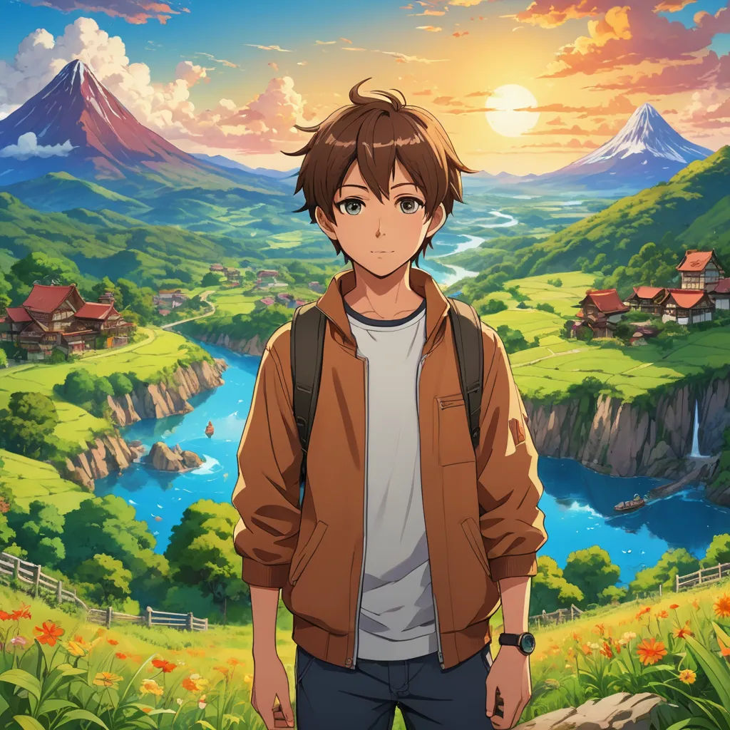 a man standing in front of a mountain with a river and a village in the background with a sunset, sots art, concept art, Bob Ross, official art