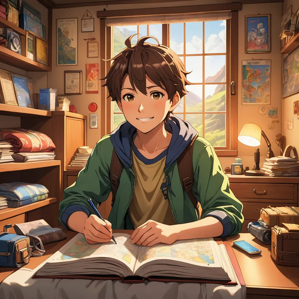 a boy sitting at a desk with a book and pen in his hand and a window in the background, sots art, concept art, Armin Hansen, official art