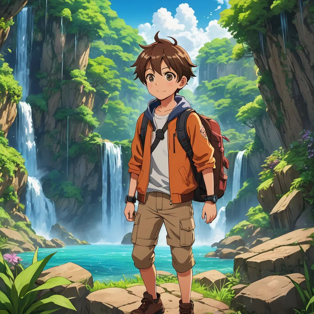 a boy with a backpack standing in front of a waterfall and a waterfall in the background with a waterfall in the background, rayonism, concept art, Cedric Seaut (Keos Masons), official art