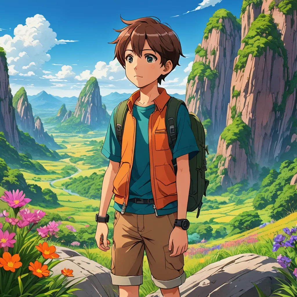 a man standing in front of a mountain with a backpack on his back and a valley in the background, environmental art, a character portrait, Eizan Kikukawa, official art
