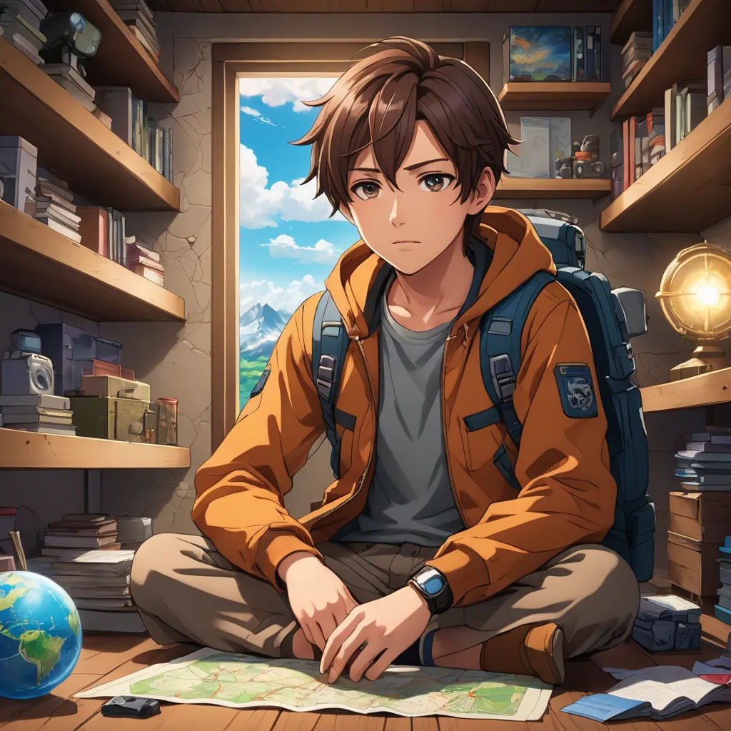 a man sitting on the floor in a room with a map and a backpack on it, looking at the camera, sots art, a character portrait, Armin Hansen, official art