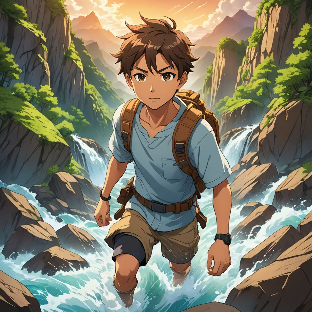 a young man is walking through a river in a cartoon style scene with a waterfall and mountains in the background, sots art, concept art, Adam Manyoki, official art