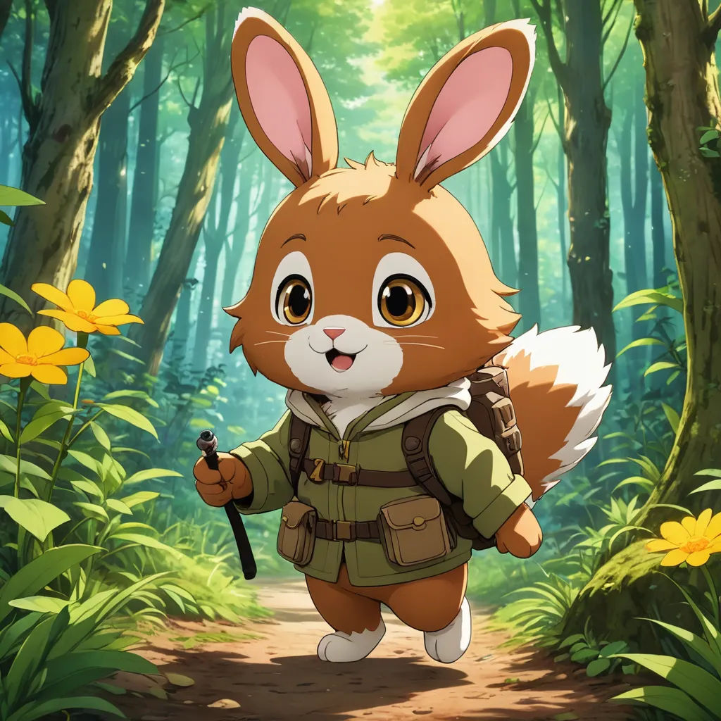 a rabbit with a backpack and a stick in a forest with flowers and trees in the background, with a forest path with yellow flowers and a forest - like animal, furry art, a character portrait, Beatrix Potter, official art