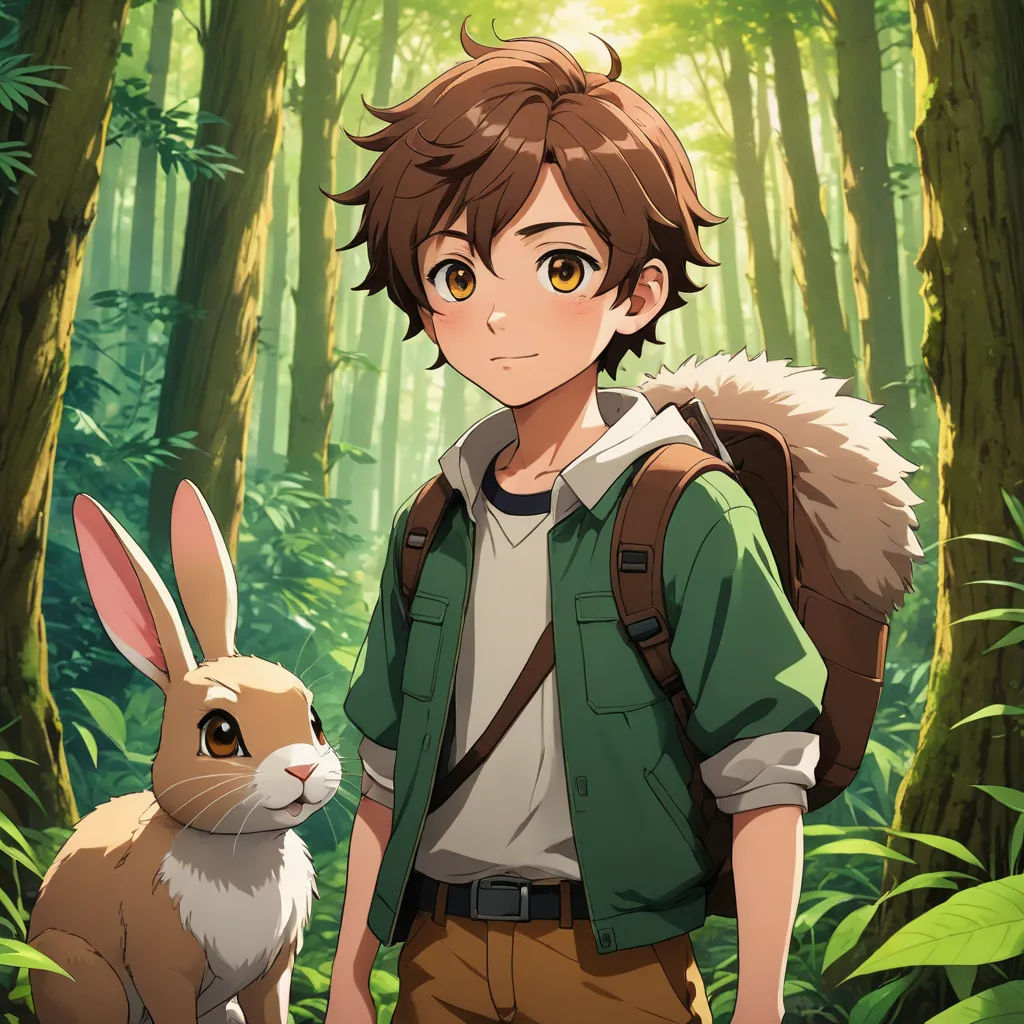 a boy with a backpack and a rabbit in a forest with trees and bushes behind him, looking at the camera, naturalism, a character portrait, Anne Said, official art