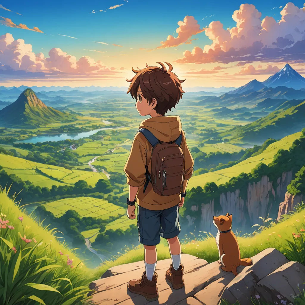a boy standing on a cliff looking at a dog and a mountain range with a sunset in the background, dau-al-set, a matte painting, Ai-Mitsu, anime key visual
