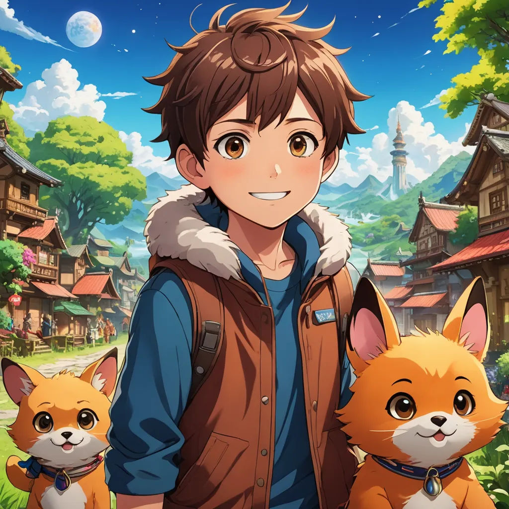 a man holding two foxes in front of a forest and a town with houses on it, and a sky background, sots art, concept art, Dan Content, official art