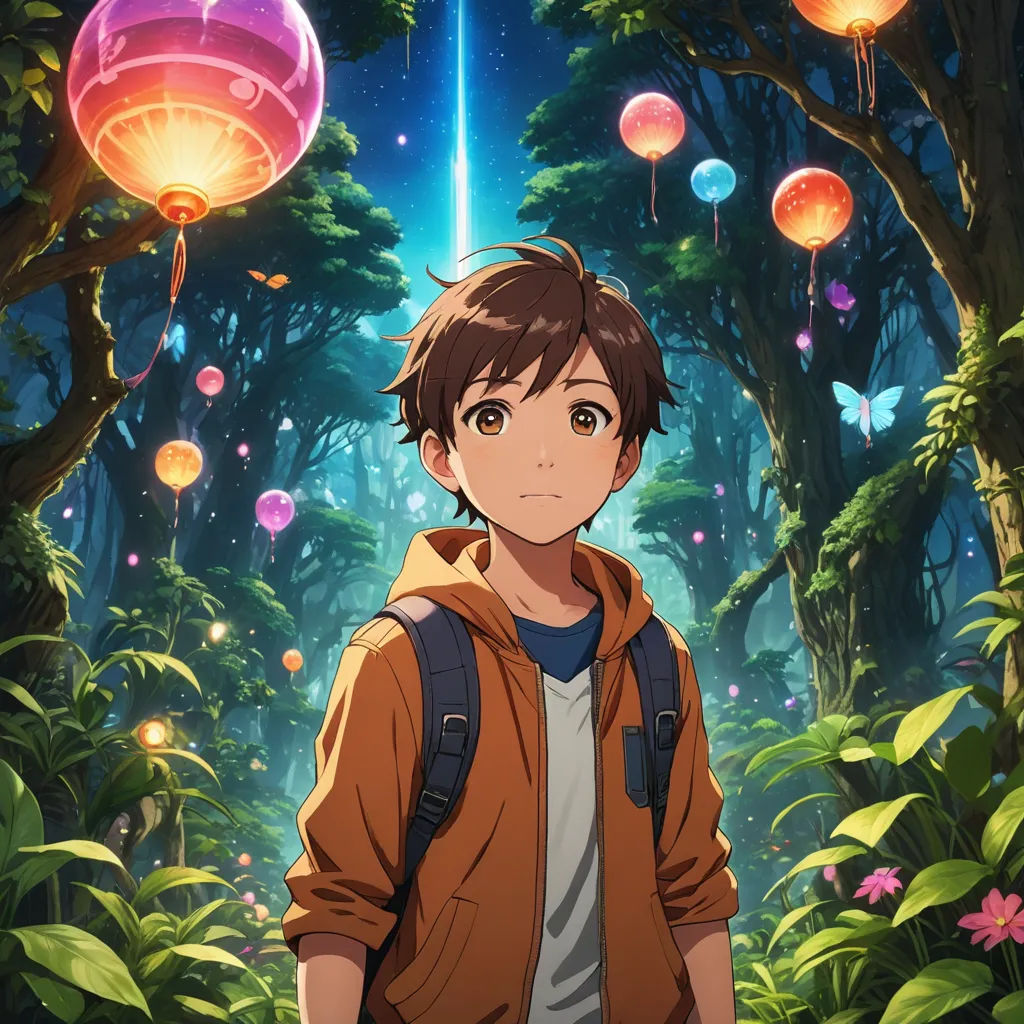 a boy in a brown jacket standing in a forest with lanterns hanging from the ceiling and a sky filled with stars, magical realism, poster art, Ai-Mitsu, anime key visual