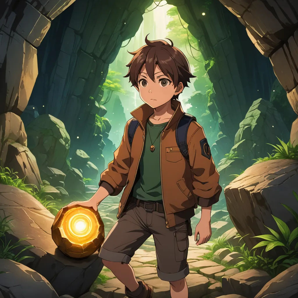a boy in a brown jacket holding a glowing object in a cave with rocks and plants around him and a light shining in the cave, rayonism, concept art, Cedric Seaut (Keos Masons), anime key visual