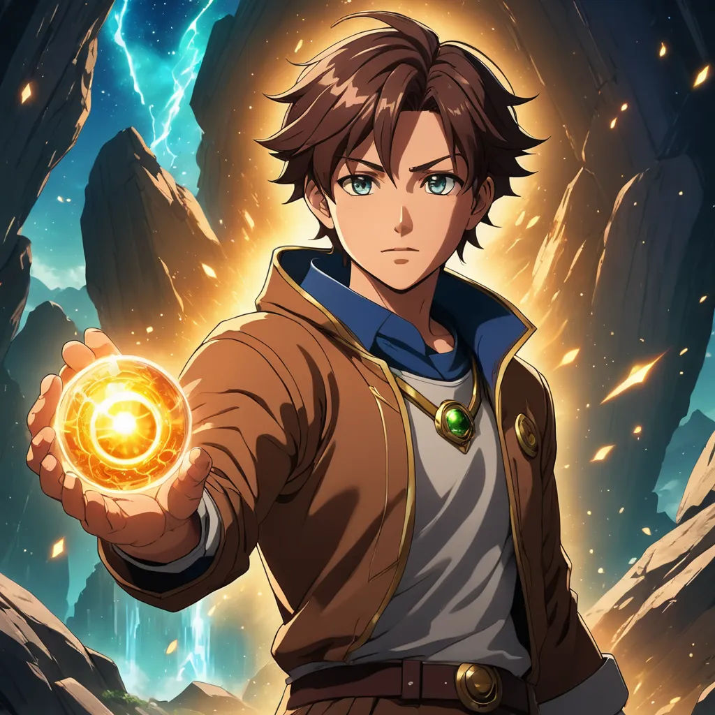 a man holding a glowing ball in his hand in front of a mountain and sky background with lightnings, rayonism, a character portrait, Armin Hansen, anime key visual