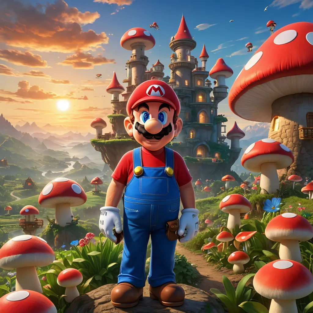 a mario mushroom standing in a field of mushrooms with a castle in the background and a sun setting behind it, sots art, concept art, Chris LaBrooy, unreal engine render