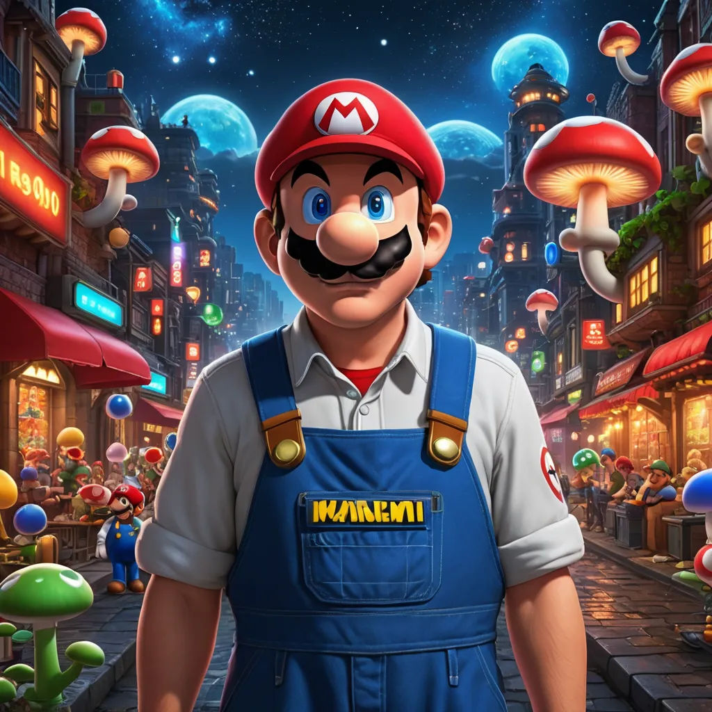 a man in a mario bros outfit standing in front of a city at night with a mushroom on his head, sots art, concept art, Chris LaBrooy, official art