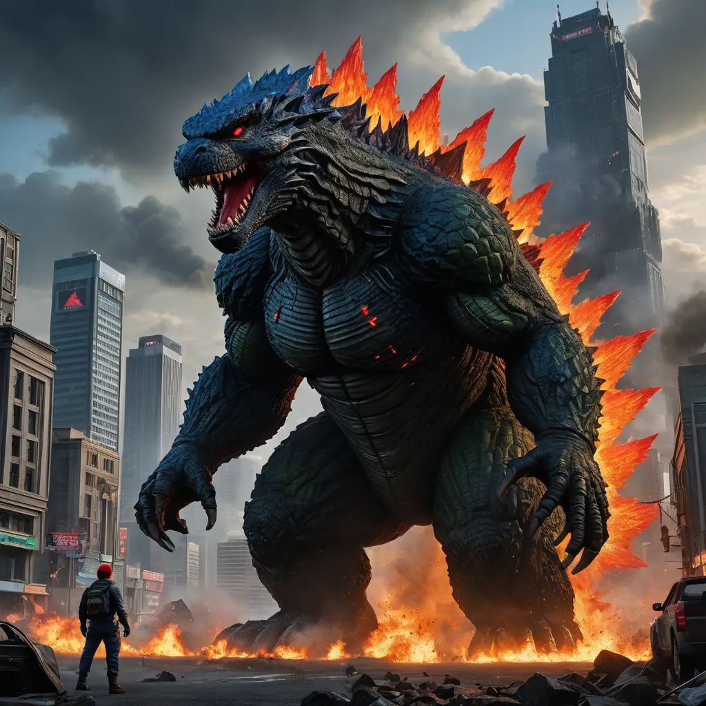 a godzilla is standing in a city street with flames coming out of its mouth and a man standing in front of it, sots art, concept art, Chris LaBrooy, promotional image