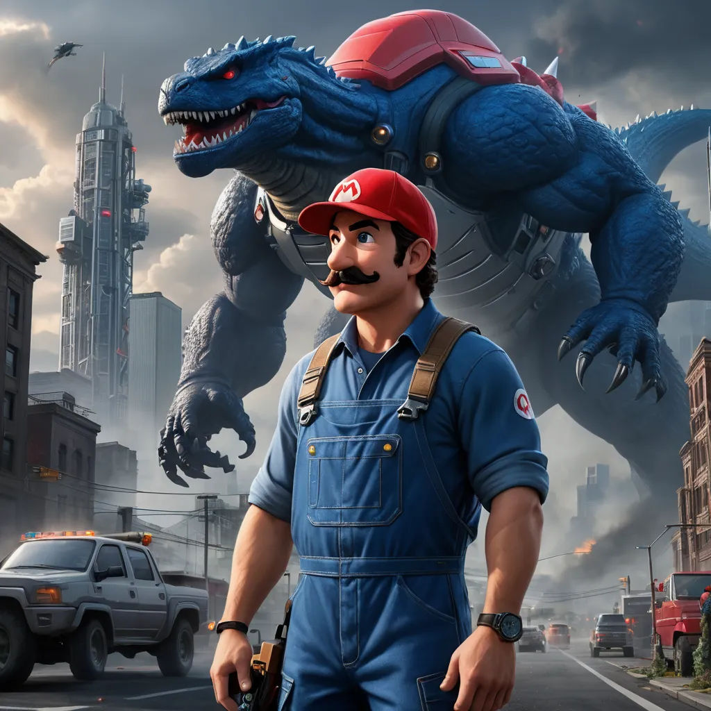 a man in overalls and a hat standing in front of a godzilla in a city with a truck, sots art, poster art, Chris LaBrooy, unreal engine render