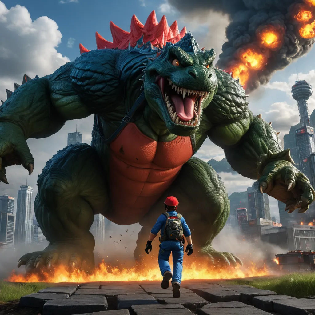 a man walking in front of a giant monster with a huge head and a huge body of fire coming out of it, sots art, concept art, Chris LaBrooy, unreal engine render