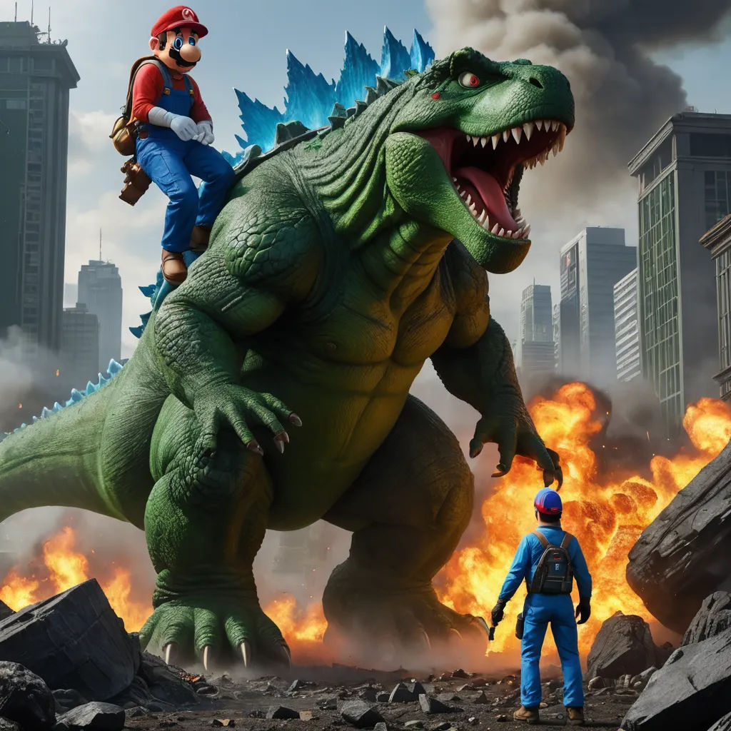 a man riding on the back of a giant dinosaur next to a man in a blue suit and a man in a red hat, sots art, concept art, Chris LaBrooy, ultra realistic digital art