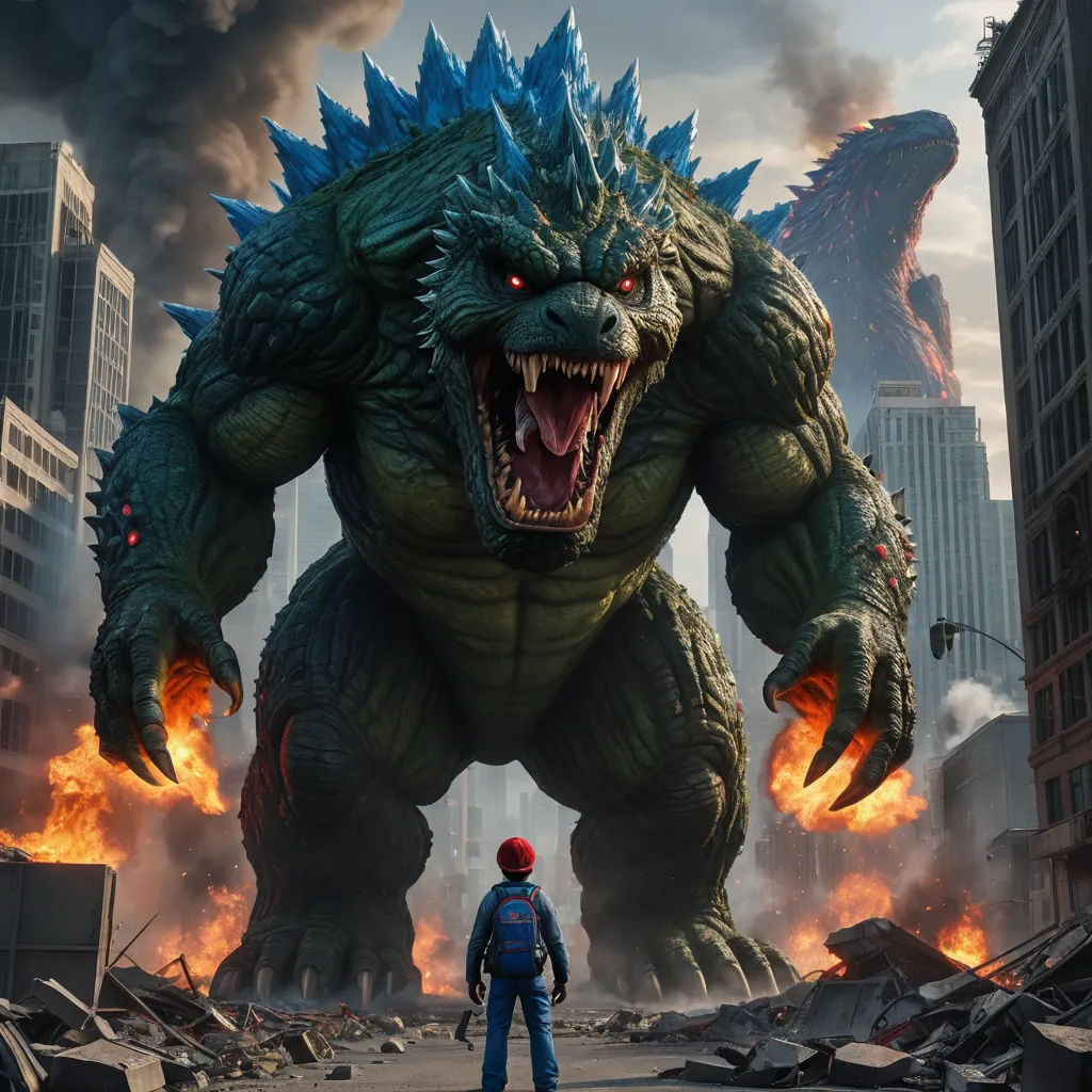 a man standing in front of a giant godzilla in a city with fire and smoke coming out of its mouth, sots art, poster art, Chris LaBrooy, promotional image