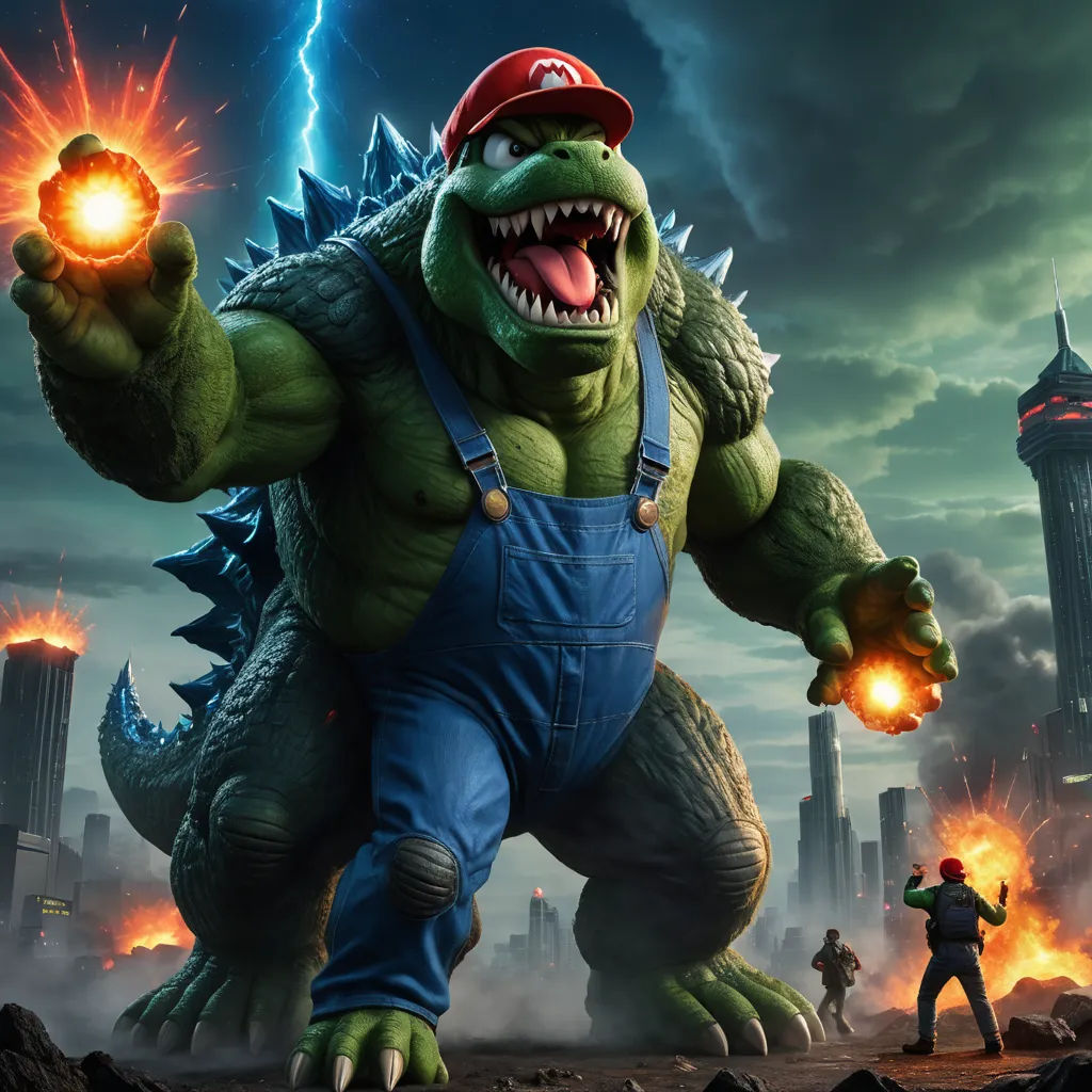 a man in overalls and a red hat holding a glowing ball in front of a godzilla like creature, sots art, concept art, Chris LaBrooy, ultra realistic digital art