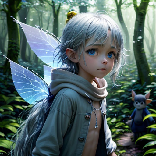 a young girl with a fairy costume in the woods with a small animal behind her, and a small fairy behind her