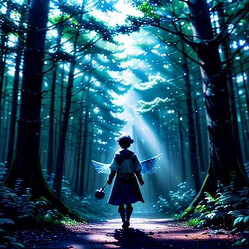a person walking through a forest with a light shining on them and a fairy on the back of the image