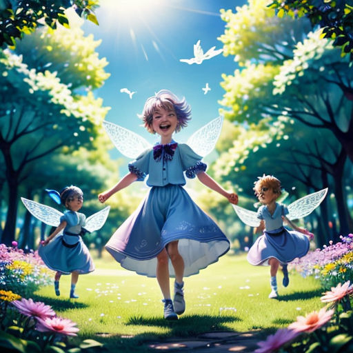 a group of children dressed in fairy costumes running through a park with flowers and butterflies in the background,
