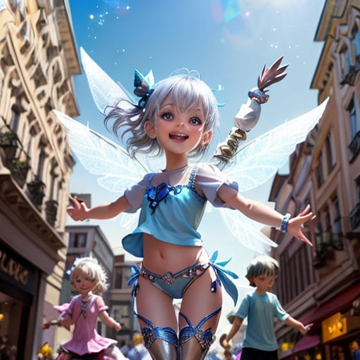 a cartoon girl in a bikini and wings is dancing in the street with other children in the background and a sky background