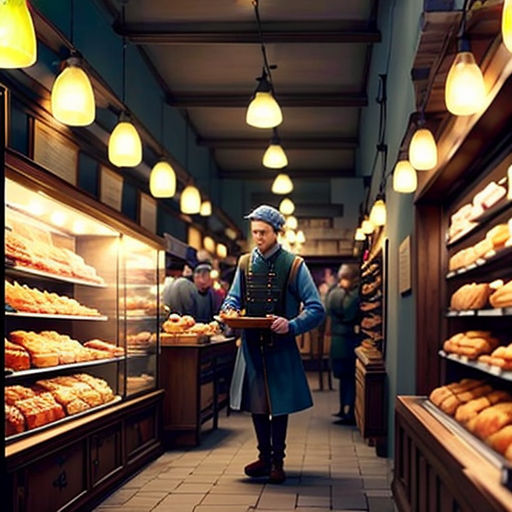a man is walking through a bakery with a tray of donuts in hand and a lot of lights hanging from the ceiling