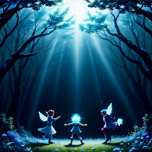 two children are playing in the woods with their arms outstretched and glowing lights shining down on them from the trees
