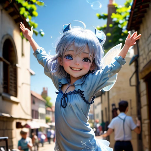 a little girl in a blue dress is standing in the street with her arms outstretched and her hands up